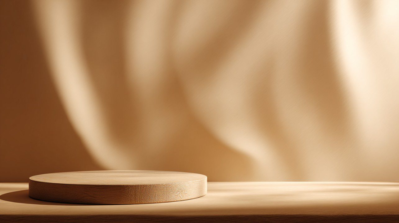 A simple wooden podium on a warm, softly lit cream and brown background, ideal for product displays or minimal branding visuals.