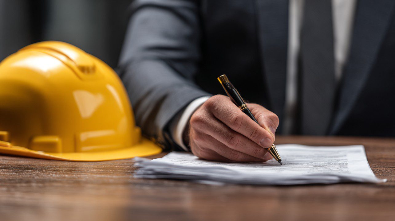 Close-up of a worker signing compensation settlement documents on a wooden table with a yellow safety helmet nearby.