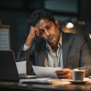 Indian businessman in a gray suit looking worried while reviewing papers at his desk in an office setting.