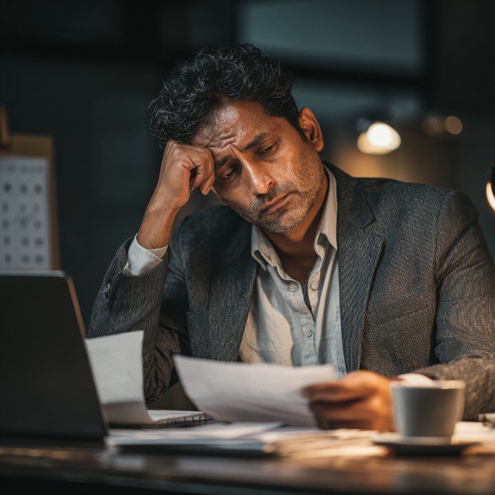 Indian businessman in a gray suit looking worried while reviewing papers at his desk in an office setting.