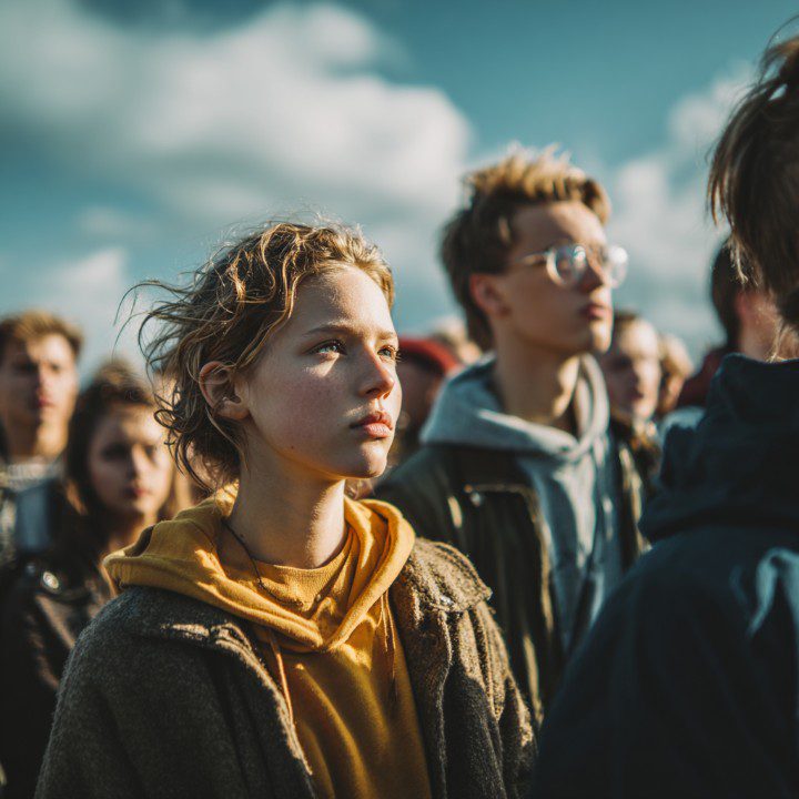 A group of young people attentively looking in one direction under a bright sky, symbolizing unity, focus, and future aspirations.