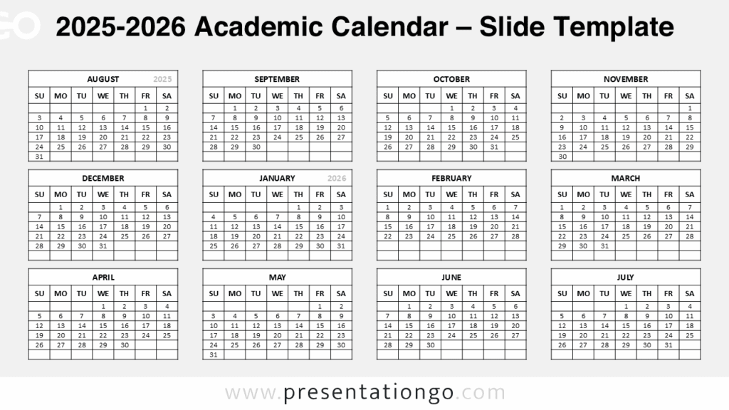 2025-2026 Academic Calendar for PowerPoint & Google Slides – Week Starts Sunday Free 2025-2026 Academic Calendar PowerPoint template with a Sunday-start weekly layout, featuring 7x5 table grid for Google Slides.