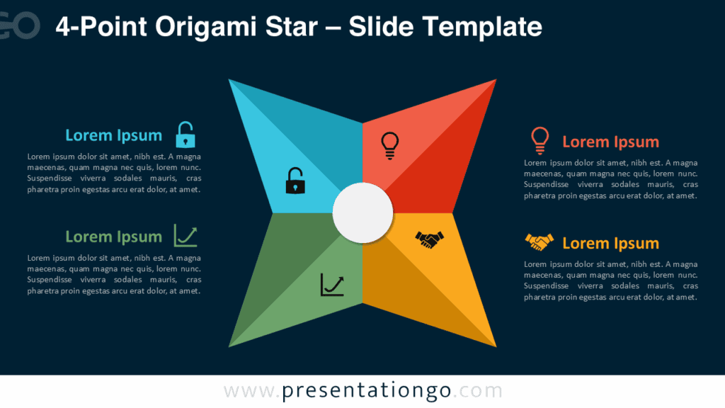 4-Point Origami Star for PowerPoint (Dark Background) Radial star diagram with four colorful points and icons, set on a dark background, ideal for PowerPoint and Google Slides.