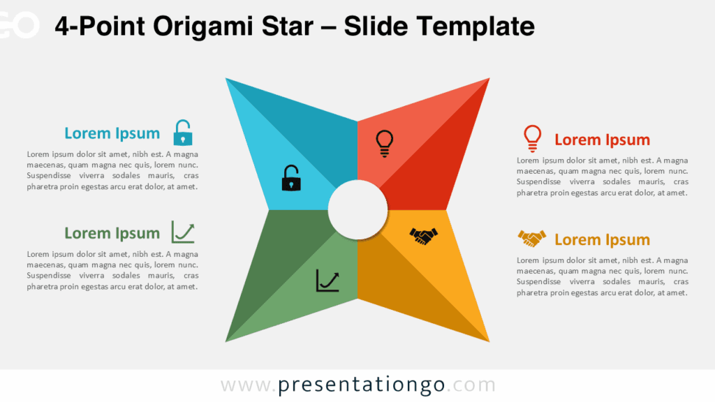 Widescreen origami star template with four radial segments, icons, and editable text on a light background for presentations.