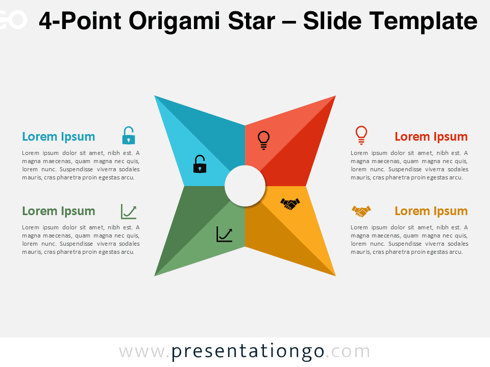 A four-point origami star diagram with icons and text boxes, designed for PowerPoint presentations in a radial layout.