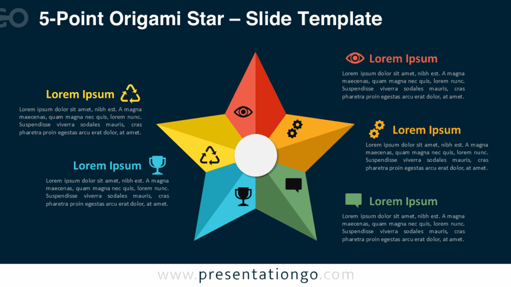 5-Point Origami Star for PowerPoint (Dark Background) 5-point origami star template with icons and text on a dark background, ideal for Google Slides and PowerPoint presentations.