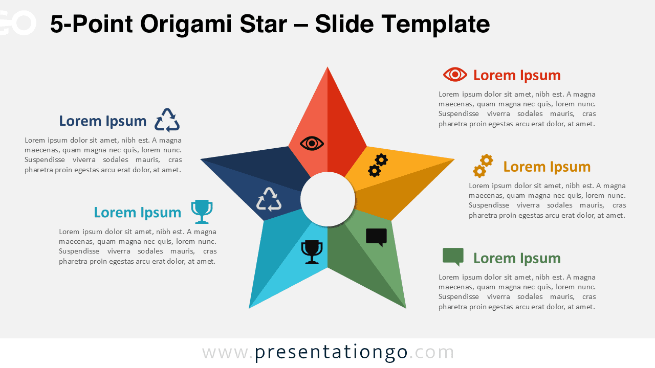 Editable 5-point origami star template with colorful radial design on a light background for PowerPoint and Google Slides presentations.