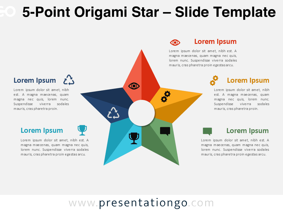 Preview of the 5-point origami star diagram for PowerPoint, featuring folded paper segments and icons in a radial layout.