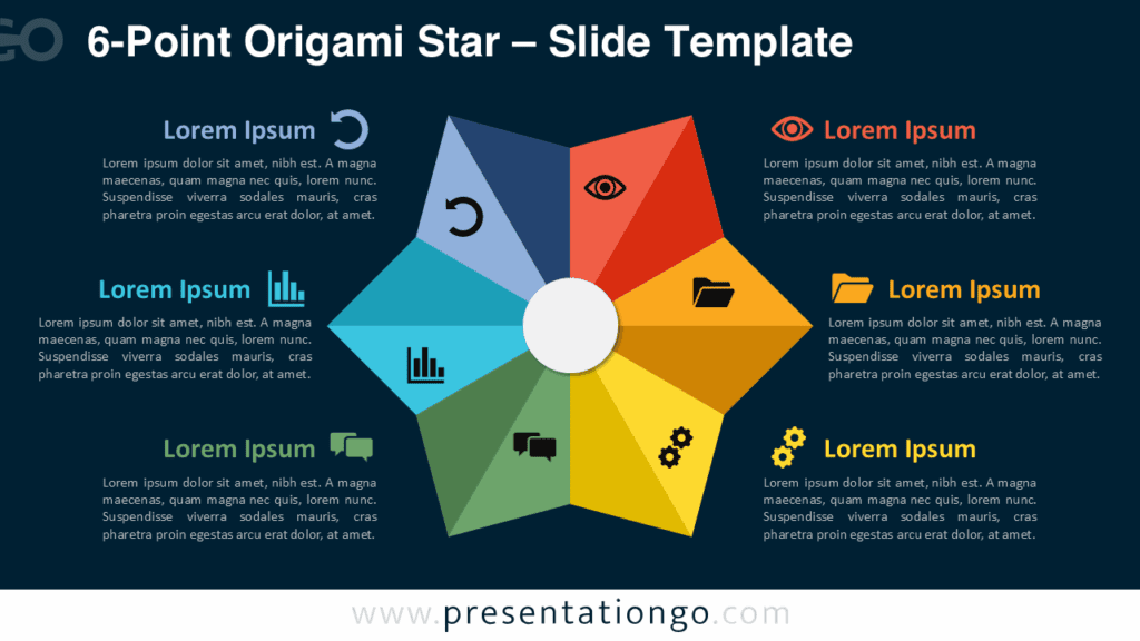 6-Point Origami Star for PowerPoint (Dark Background) Editable six-point origami star layout with shadowed icons and text blocks on a dark background, for PowerPoint and Google Slides.
