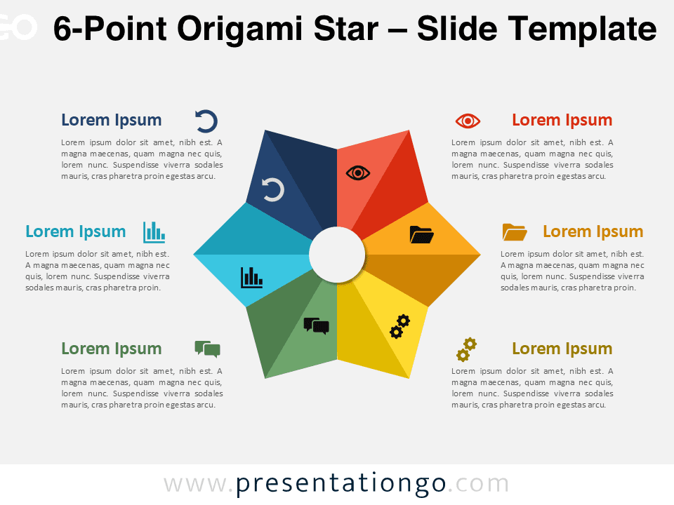 A six-point origami star diagram with icons and central text, ideal for PowerPoint presentations with six steps or categories.