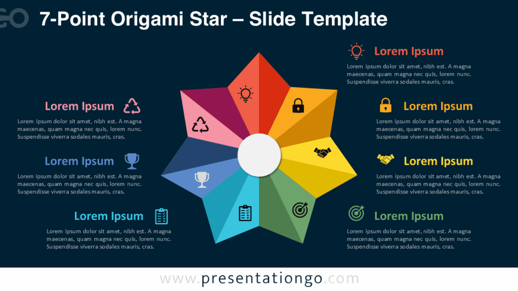 7-Point Origami Star for PowerPoint (Dark Background) Seven-part origami star graphic on a dark background for PowerPoint and Google Slides, perfect for clear visual segmentation.