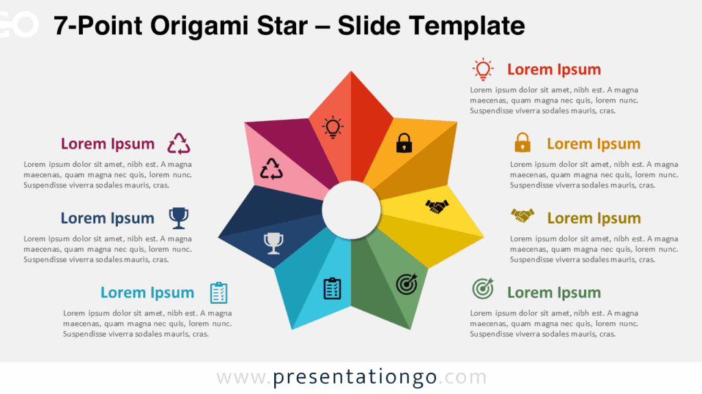 Editable 7-point origami star slide with icons on a light background, used in PowerPoint and Google Slides presentations.