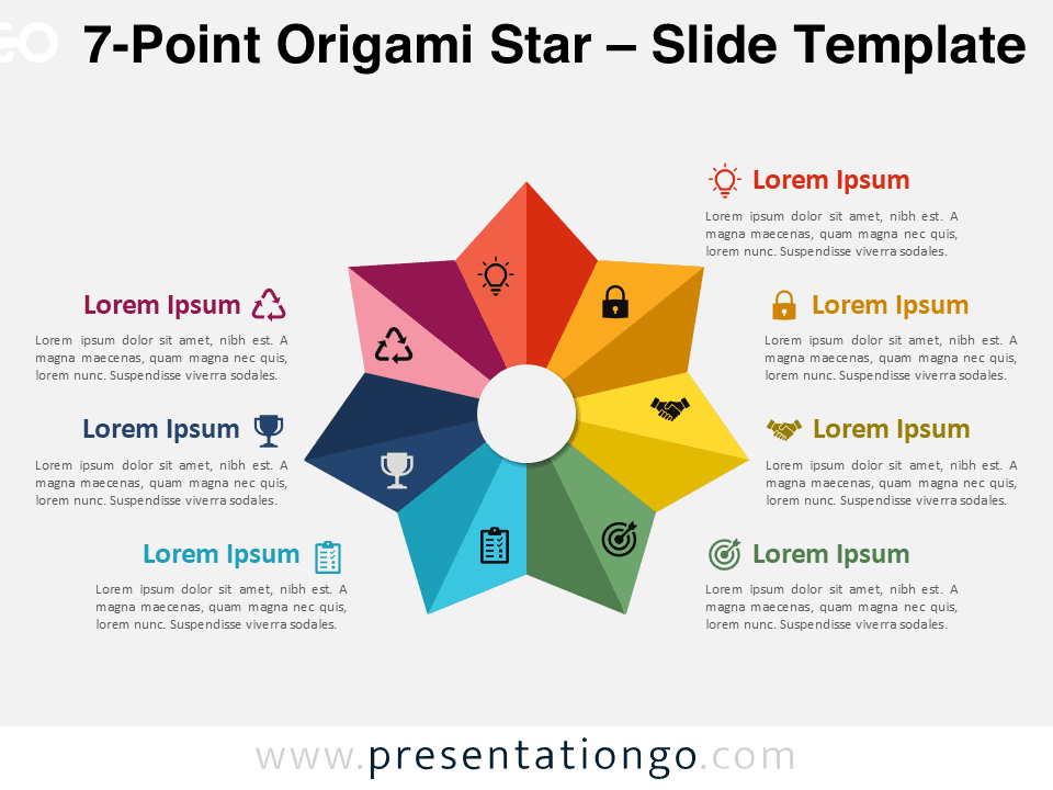 Radial 7-point origami star diagram with colorful folded segments for PowerPoint, ideal for showing seven key ideas clearly.