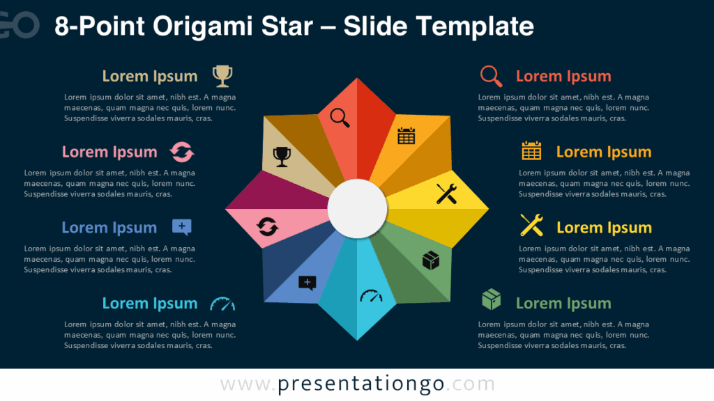 8-Point Origami Star for PowerPoint (Dark Background) Widescreen PowerPoint diagram featuring an 8-point origami star on a dark background, with editable icons and text labels.