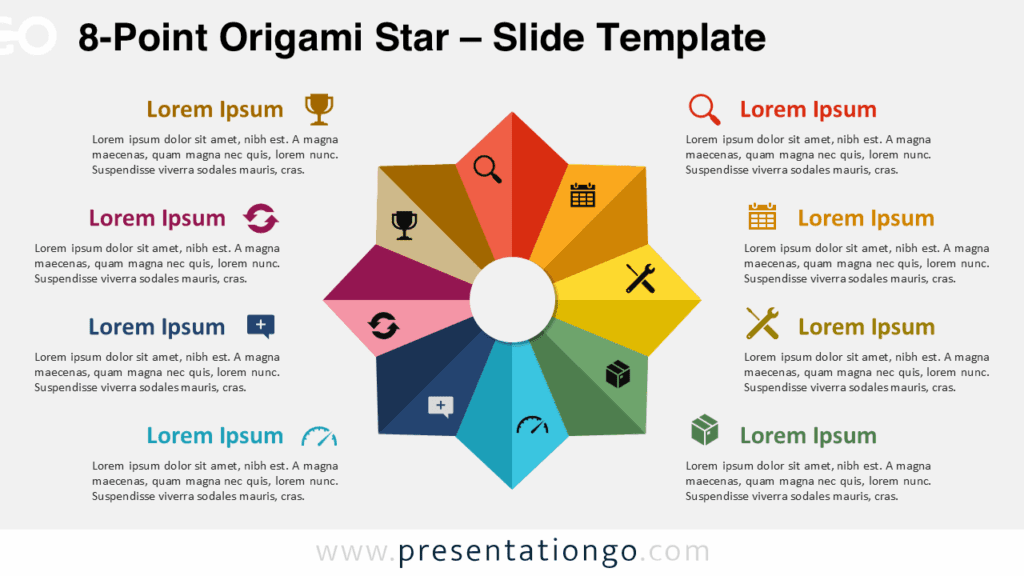 Widescreen PowerPoint and Google Slides template with an 8-point origami star diagram on a light background with icons and text.