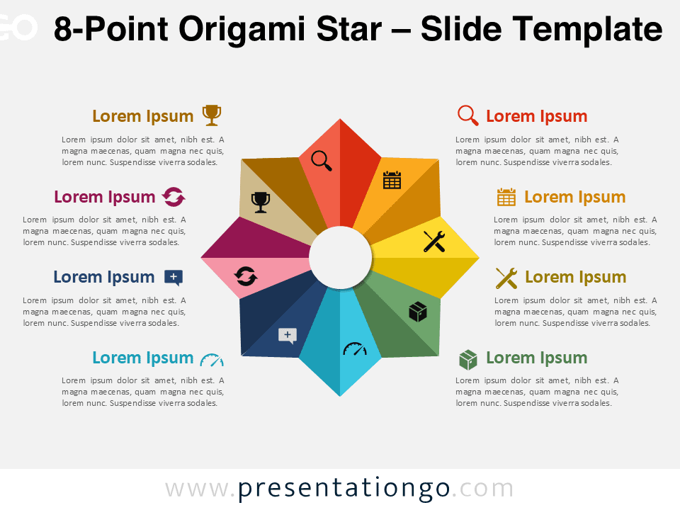 Editable 8-point origami star diagram for PowerPoint with icons and text blocks arranged in a symmetrical radial layout.