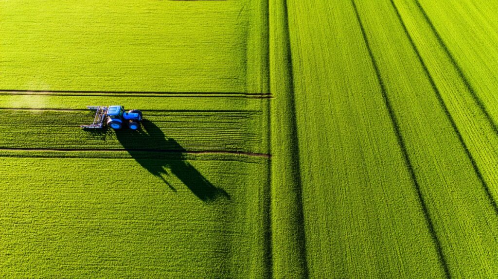 Aerial view of a blue tractor working in a vibrant green agricultural field, captured during a sunny day, representing modern farming practices.