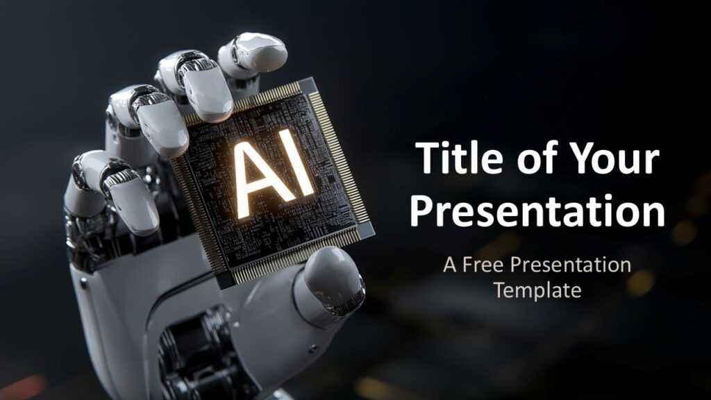 AI Robotics Cover Slide for PowerPoint & Google Slides Robotic hand with AI chip on left side and title placeholder on right, ideal for opening PowerPoint and Google Slides presentations.