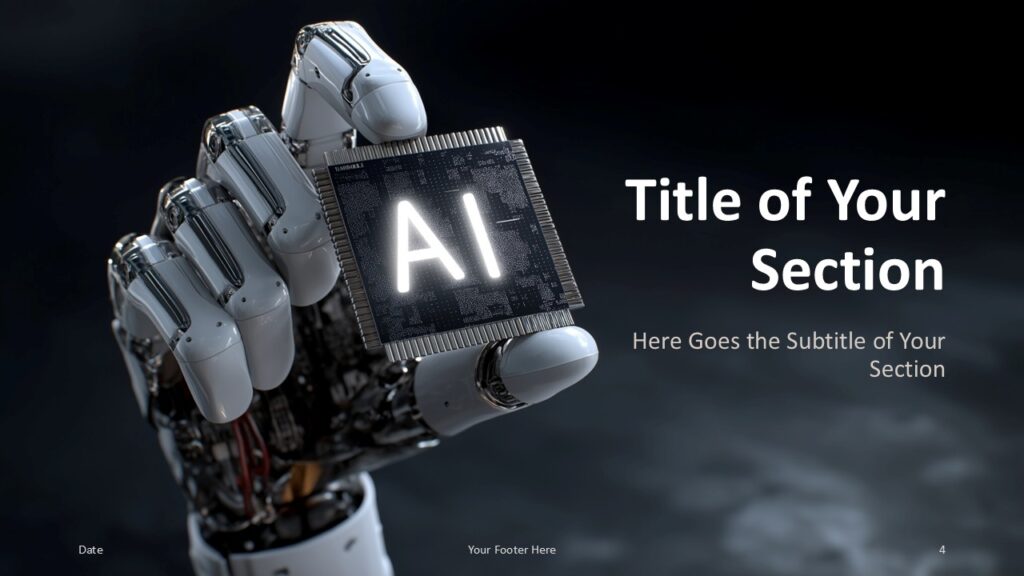AI Robotics Section Slide Option 1 for PowerPoint & Google Slides Robotic hand centered holding glowing AI chip upright, with section title on right; used for transitions between slide topics.