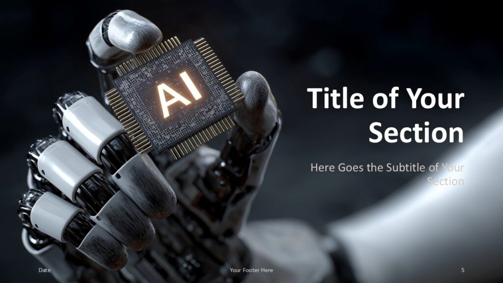 AI Robotics Section Slide Option 2 for PowerPoint & Google Slides Close-up grip on AI chip with bold right-aligned title area, perfect for signaling major topic shifts or new chapters in slides.