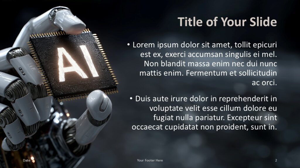 AI Robotics Title and Content Slide Option 1 for PowerPoint & Google Slides Bright AI chip against dark background, right-aligned text in bullet points; great for key discussion points in tech presentations.