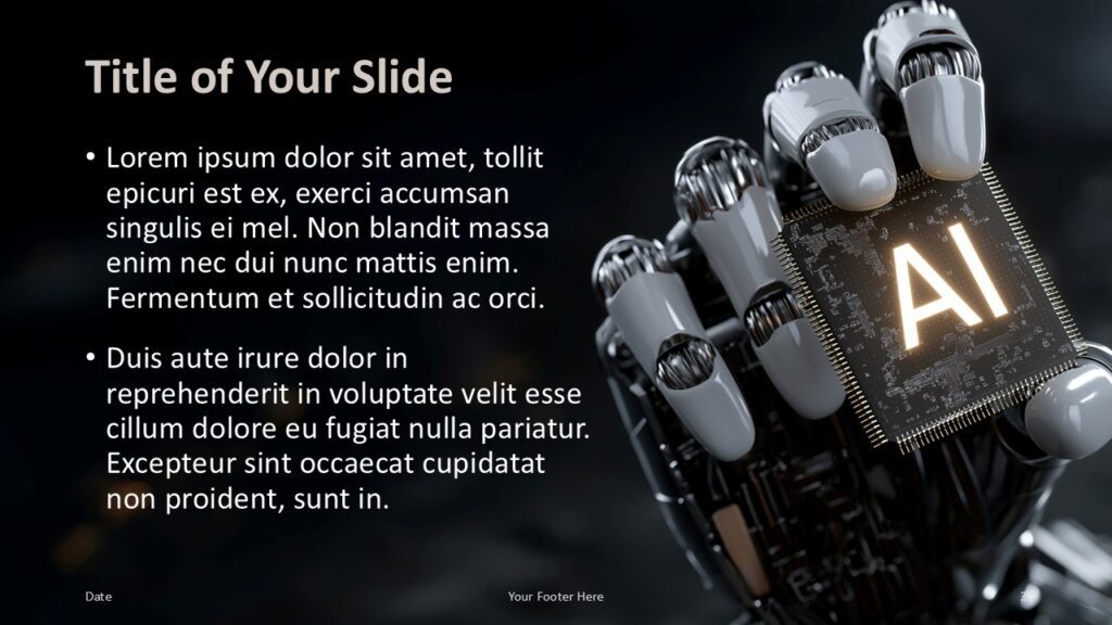 AI Robotics Title and Content Slide Option 2 for PowerPoint & Google Slides Left-aligned text layout with a close-up robotic chip image on the right; suitable for detailed content in AI-themed slides.