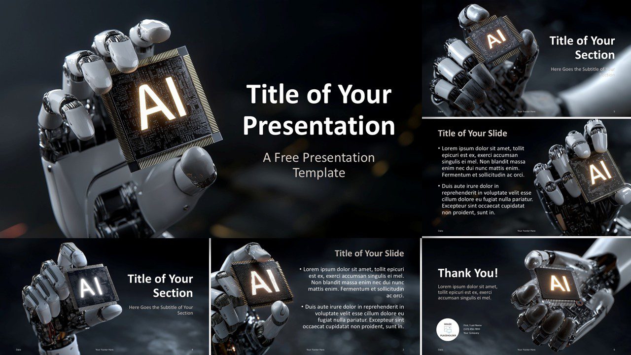 Full widescreen preview of the AI Robotics Template for PowerPoint and Google Slides, showing dark-themed, tech-inspired slide designs.