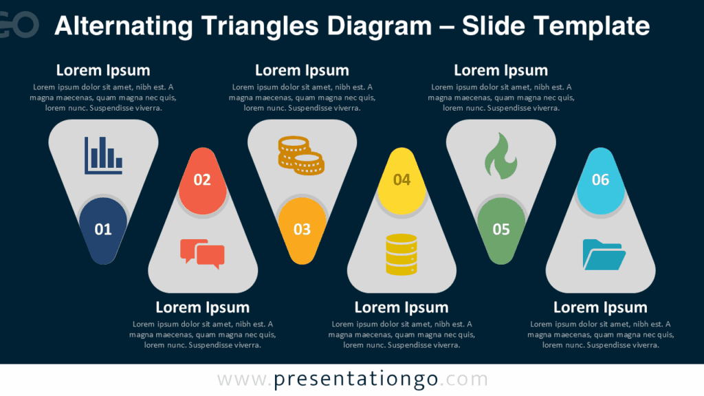 Alternating Triangles Diagram – Dark Background for PowerPoint & Google Slides Free Alternating Triangles Diagram PowerPoint template in a horizontal sequence of six steps with vivid icons and dark gradient background.