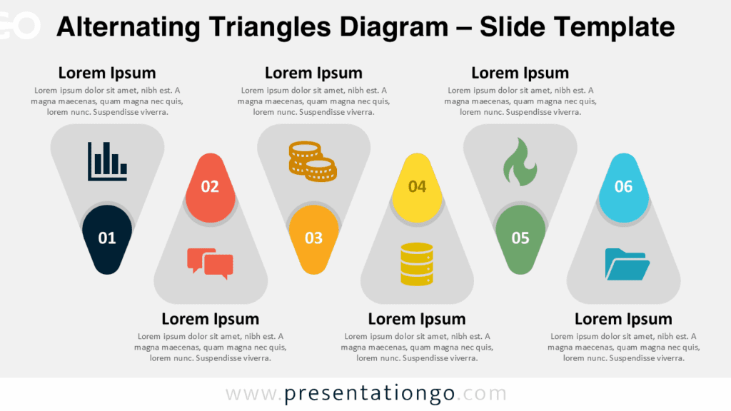 Free Alternating Triangles Diagram PowerPoint template with six rounded triangles, numbered badges, and top-bottom text on a white background.