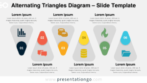Free Alternating Triangles Diagram PowerPoint template with six rounded triangles, numbered badges, and top-bottom text on a white background.