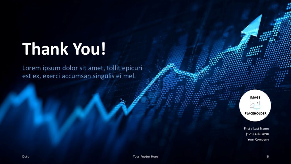 Analytics Pulse Thank You Slide Template for PowerPoint & Google Slides Final slide with thank-you message, contact info block, and upward arrow background in PowerPoint and Google Slides format.