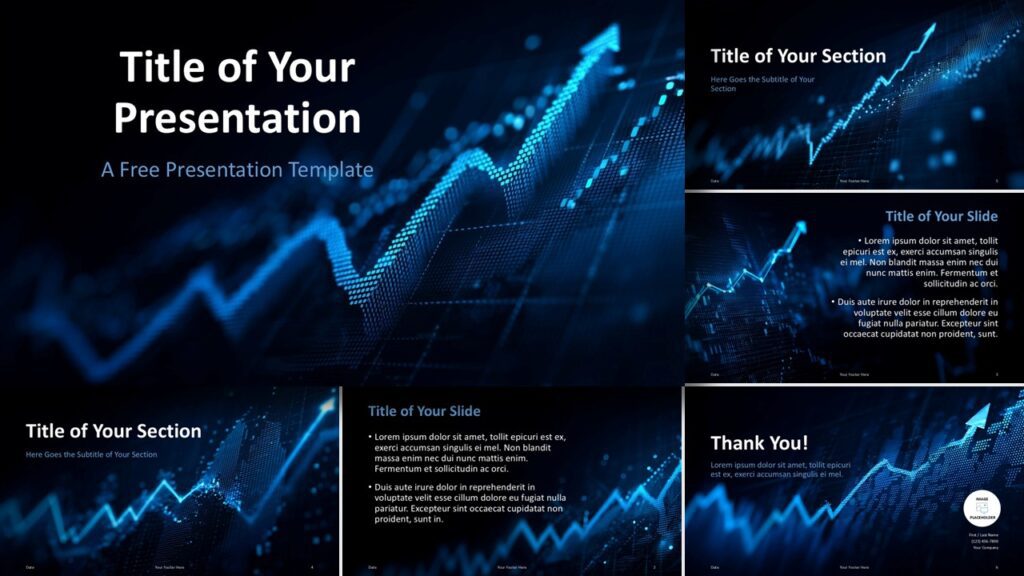 Widescreen preview of all slides in the Analytics Pulse Template for PowerPoint and Google Slides with a digital graph background.