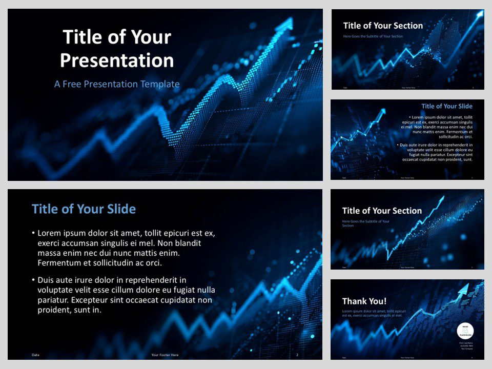 All six slides from the Analytics Pulse Template for PowerPoint and Google Slides, featuring glowing graphs and structured layouts.