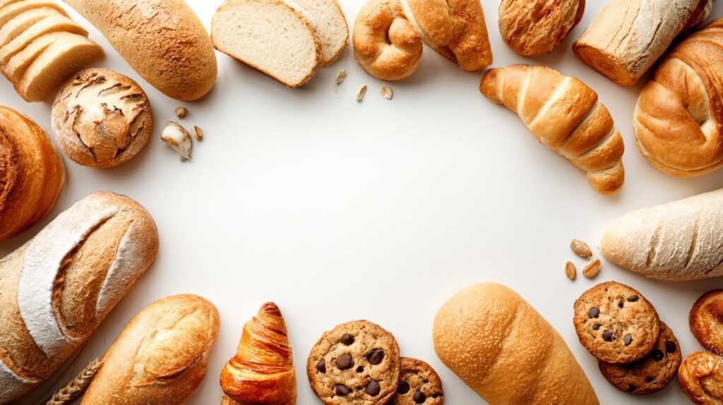 Top-down view of assorted bakery items including bread, croissants, and cookies arranged on a white background.