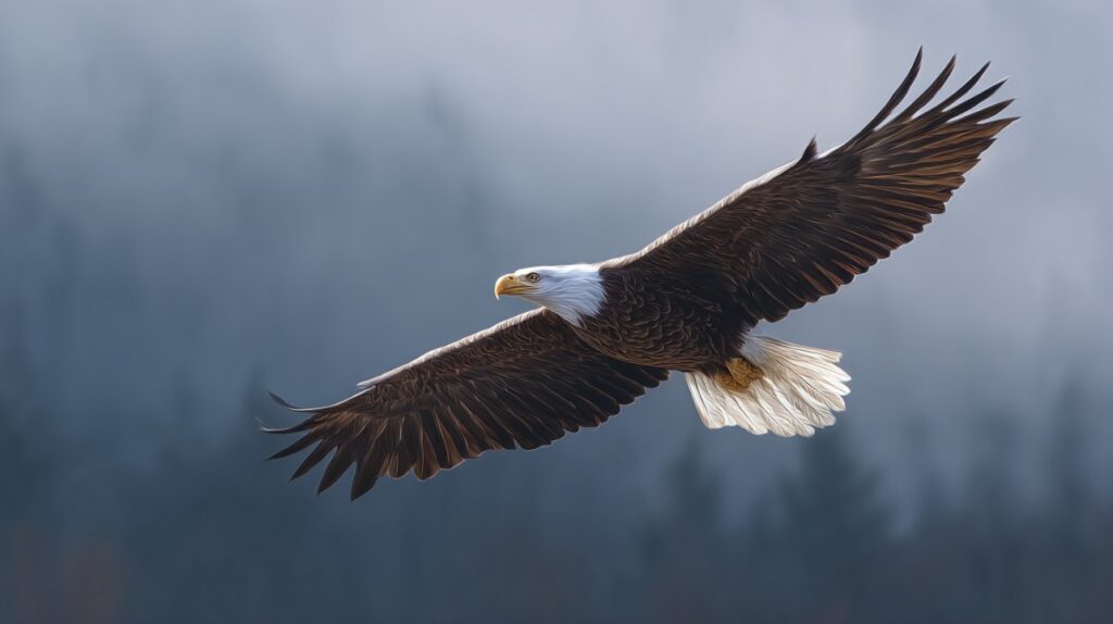 Bald eagle soaring with wings outstretched against a misty blue background.