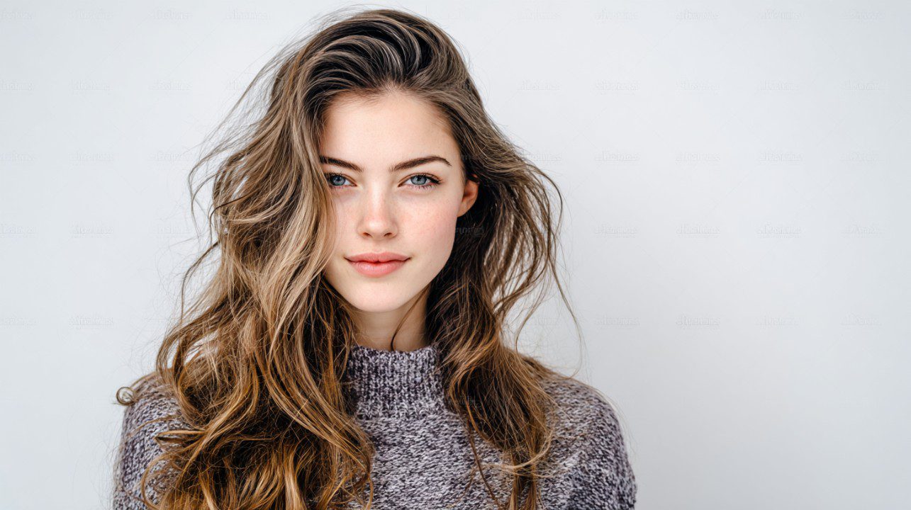 Portrait of a beautiful young woman with long wavy hair wearing a cozy sweater against a white background.