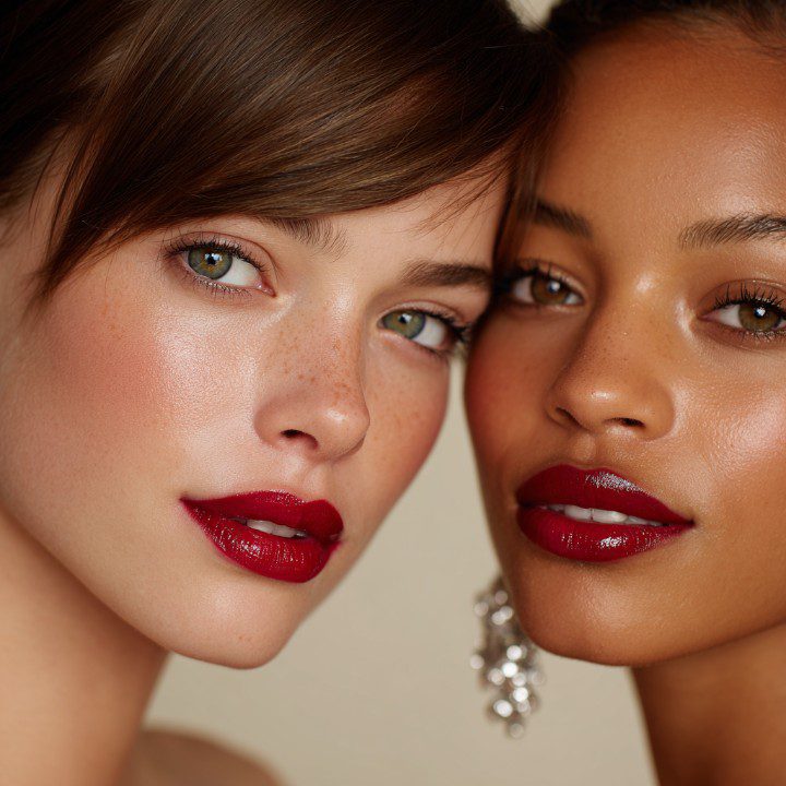 Close-up portrait of two models with flawless skin and bold red lipstick, exuding elegance and glamour.