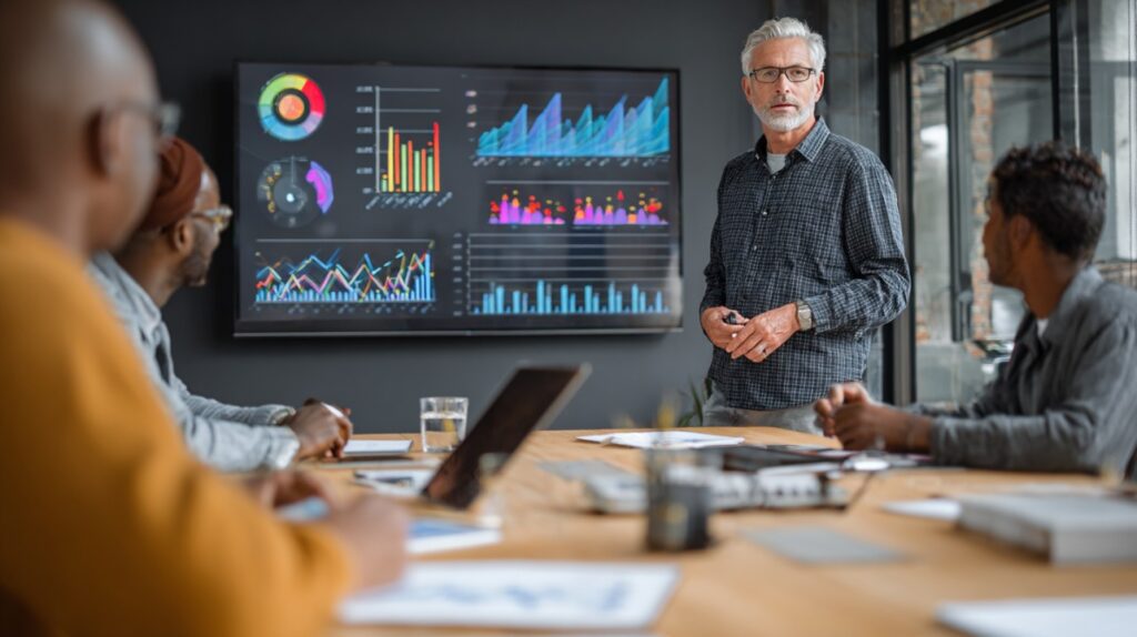 Mature businessman presenting big data analytics on a large screen during a meeting.