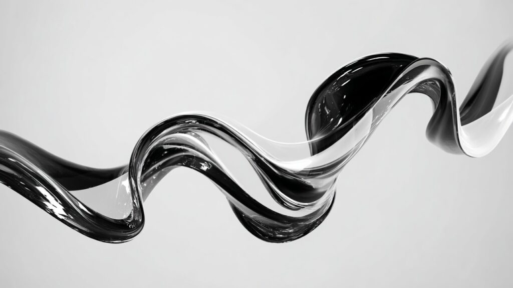 Black and white gradient glass ribbon in a fluid wave shape, modern abstract design.