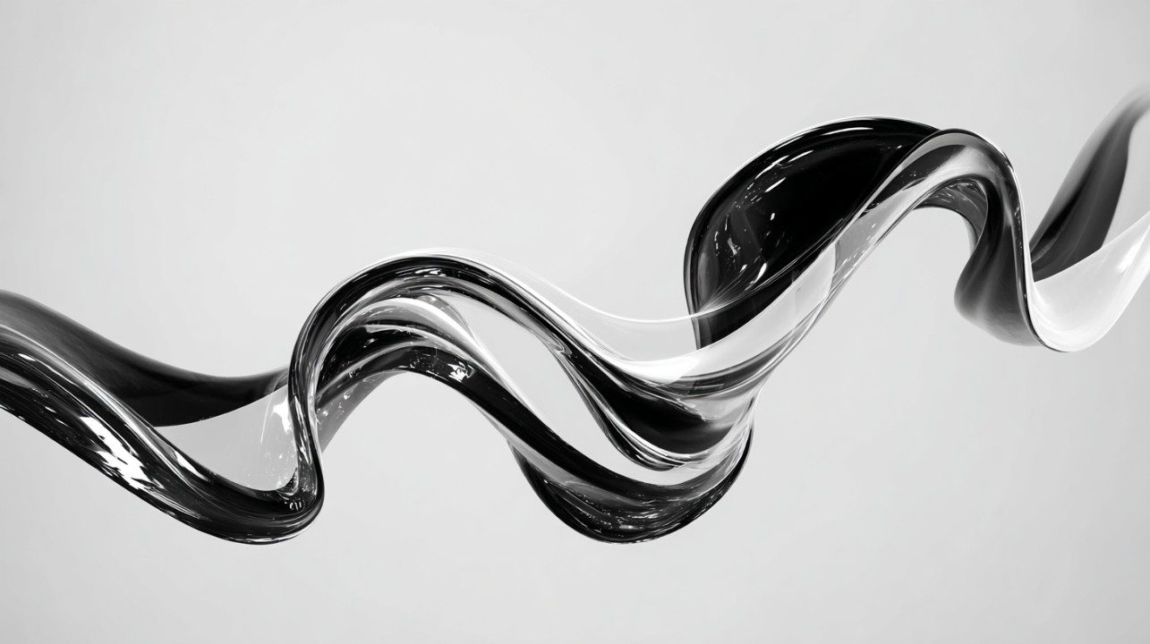 Black and white gradient glass ribbon in a fluid wave shape, modern abstract design.