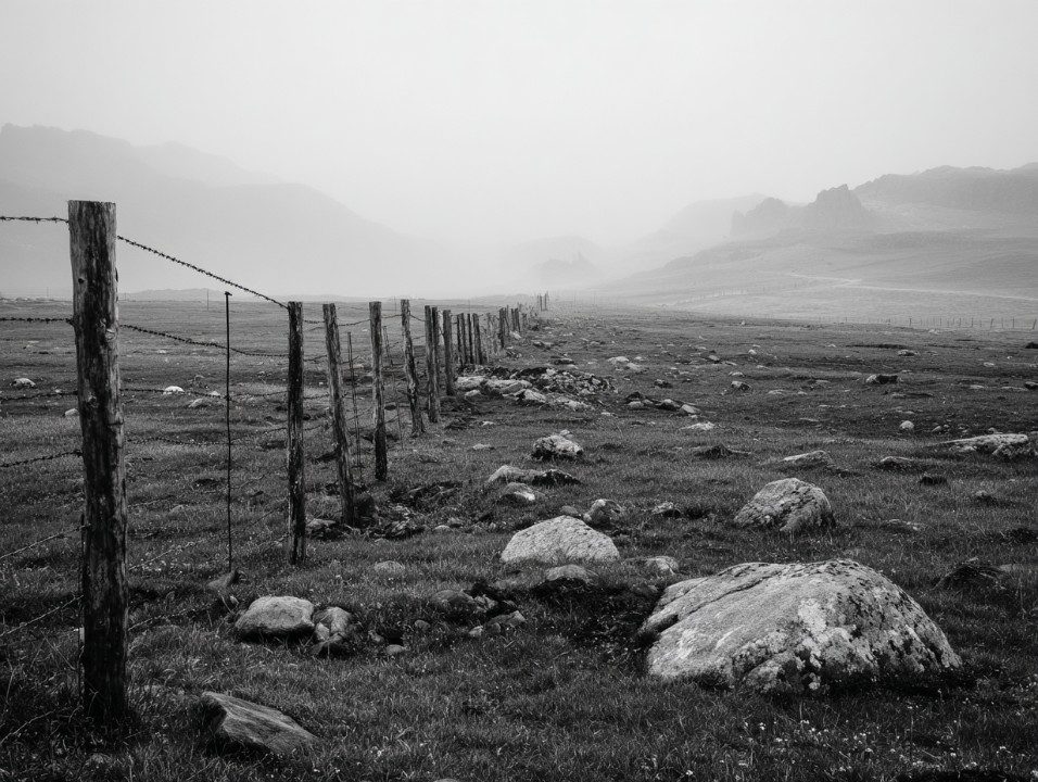 Black and white landscape of a rocky field with a fence stretching into misty mountains, evoking solitude and rural beauty.