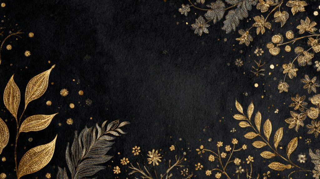 Elegant black background with intricate gold floral and leaf details, ideal for luxury design and branding.