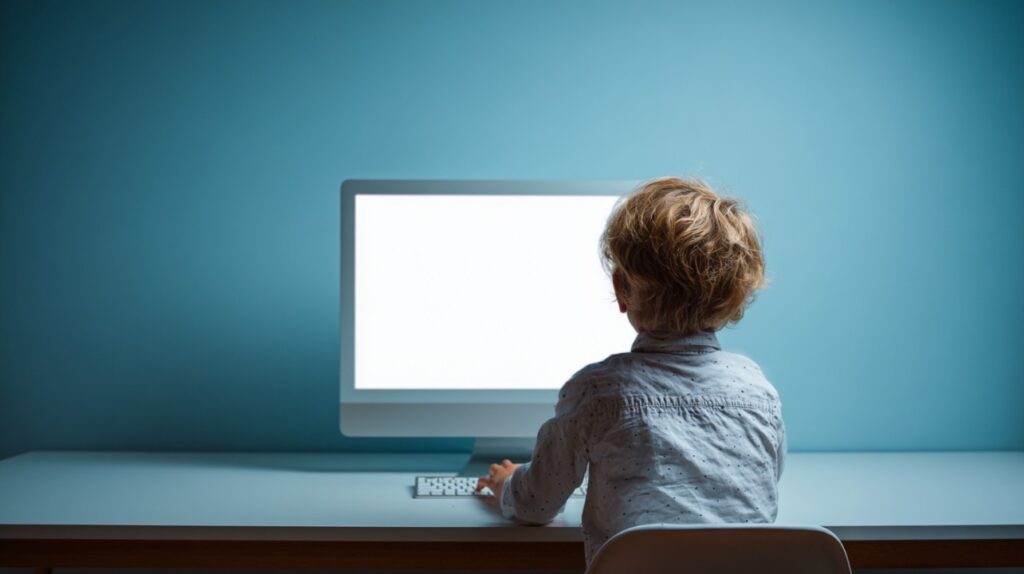 A young boy with blonde hair sits at a minimalist desk using a desktop computer with a bright white screen and a soft blue wall background.