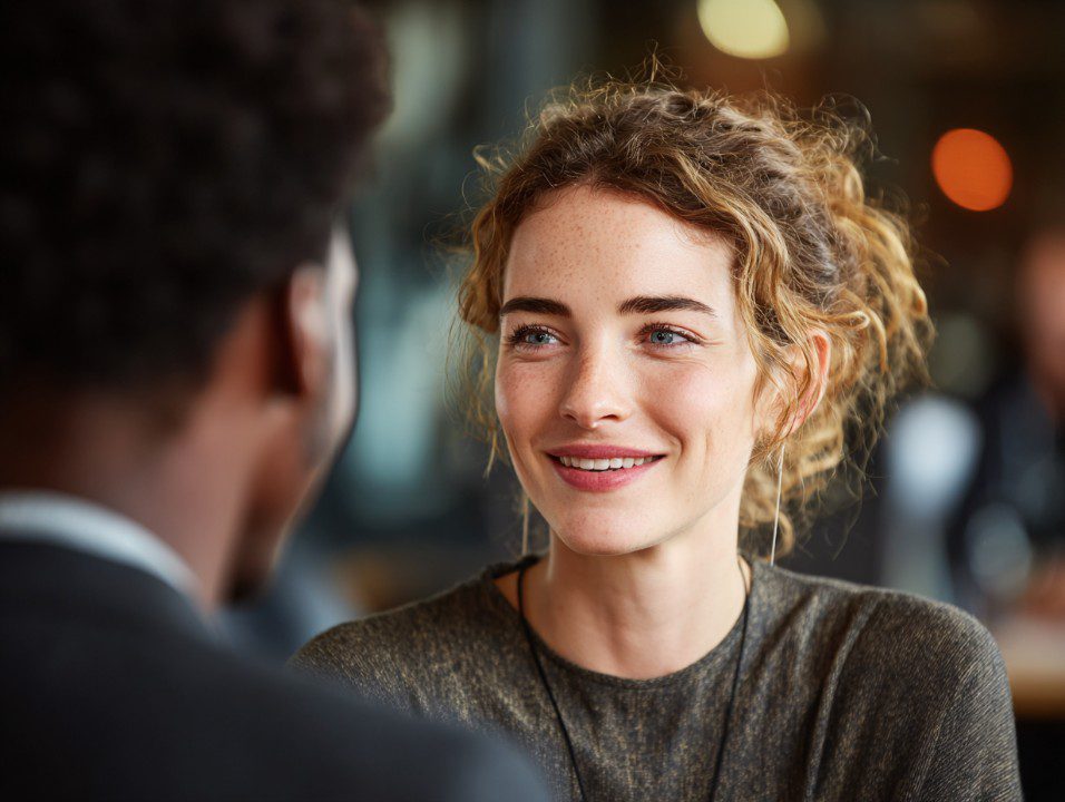 Woman smiling while talking to a male colleague in a professional setting.