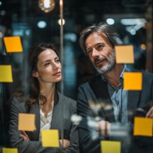 Two business professionals brainstorming behind a glass wall with sticky notes.