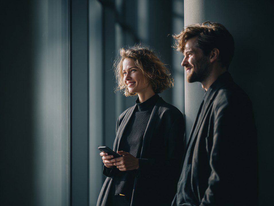 Two business professionals talking and smiling by large windows in a modern office.