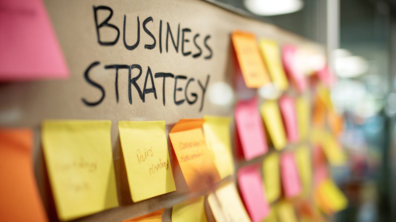 Colorful sticky notes on a board with the words "Business Strategy" written in bold letters.