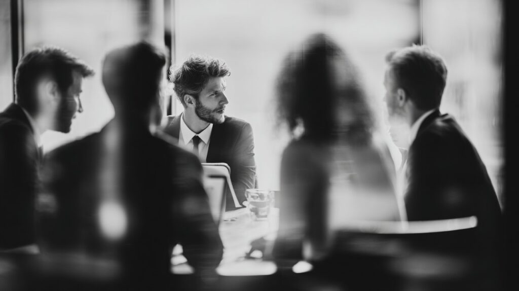 Group of business professionals in suits having a meeting, black and white photography.