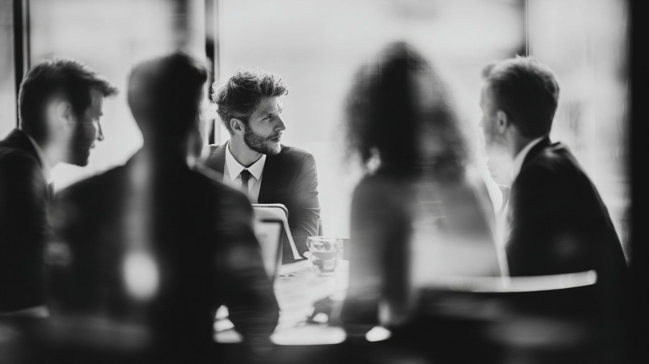 Group of business professionals in suits having a meeting, black and white photography.
