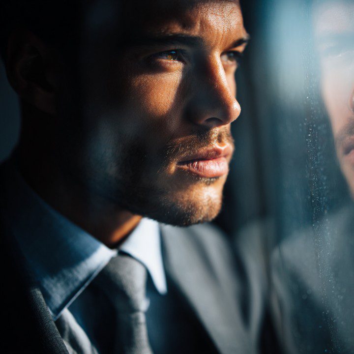 Portrait of a businessman in a suit gazing out of a window with a thoughtful expression.